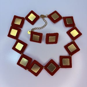 Conjunto de Gargantilla y pendientes/colgante en "Y", escarlata y oro